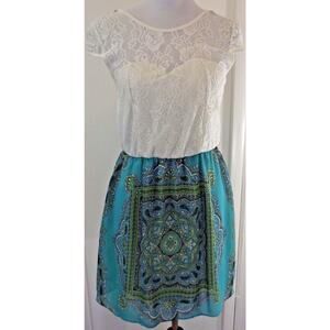 Glam Doll Skater DRESS ~ Size M ~ White Lace Top w/Teal Paisley Print Skirt